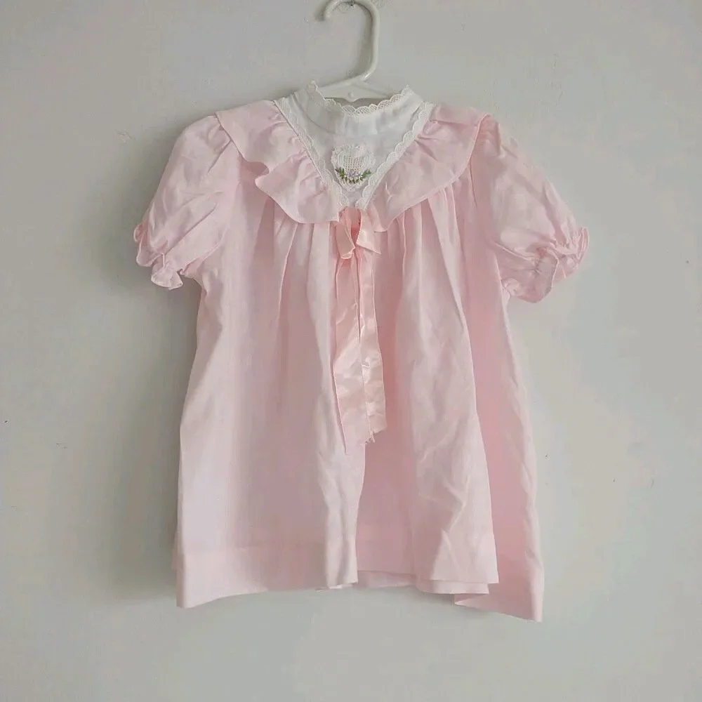 Upsy Dazy Baby Dress 2T Pink Floral Embroidery Crochet Bow Ruffle Puff Sleeve